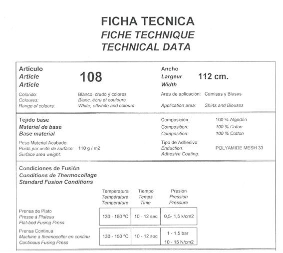 ENTRETELA FUSIBLE108 FICHA TECNICA